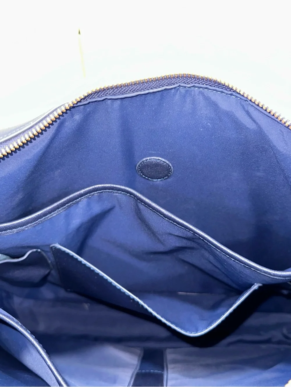 Jacq Leigh London Navy White Leather Satchel Crossbody Bag Gold Hardware Laptop
